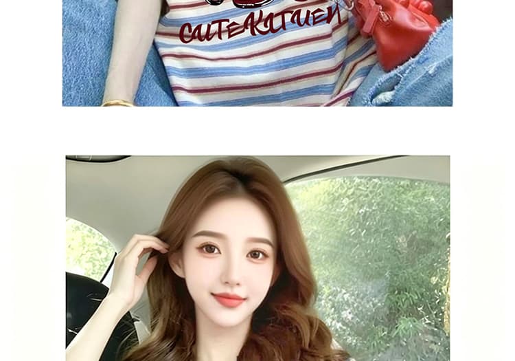 임산부 스트라이프 반팔 프린트 학원 스타일 루즈핏 캐주얼 여성 티셔츠 여름 표지 고기 슬림해 보이는 디자인 센스 맨위 여성 상세 이미지 26