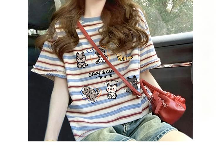 임산부 스트라이프 반팔 프린트 학원 스타일 루즈핏 캐주얼 여성 티셔츠 여름 표지 고기 슬림해 보이는 디자인 센스 맨위 여성 상세 이미지 32