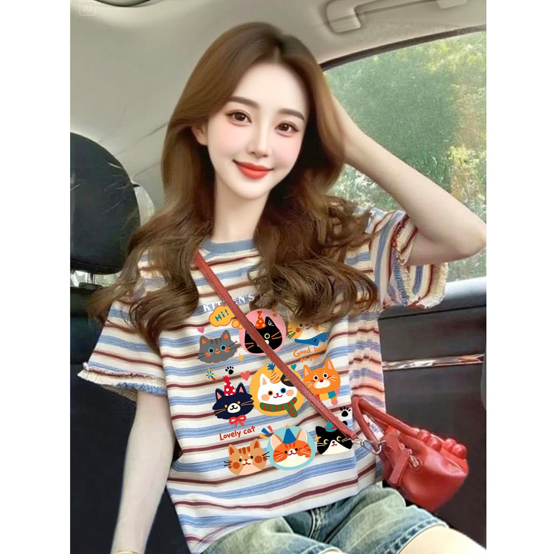 임산부 스트라이프 반팔 프린트 학원 스타일 루즈핏 캐주얼 여성 티셔츠 여름 표지 고기 슬림해 보이는 디자인 센스 맨위 여성 이미지 3