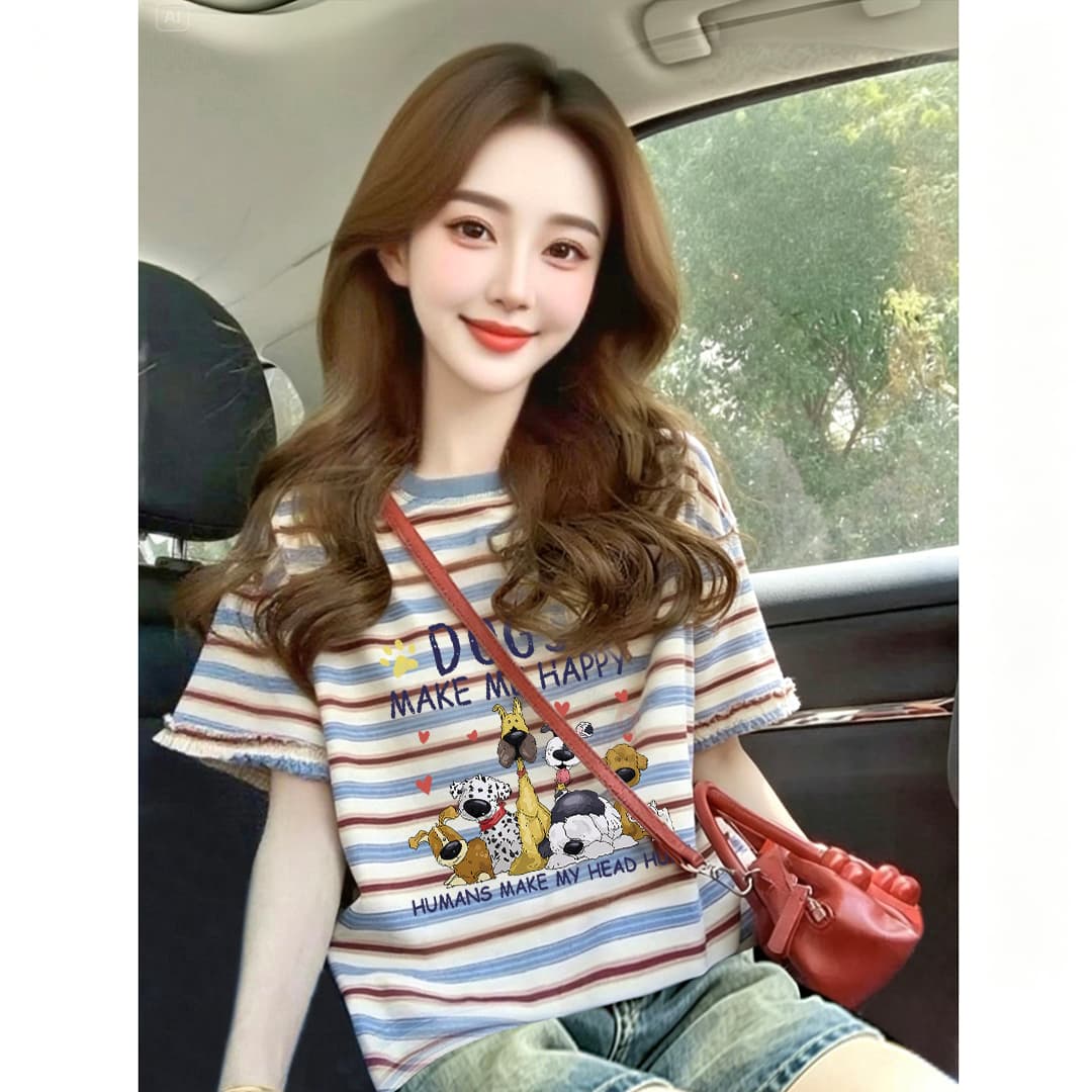 임산부 스트라이프 반팔 프린트 학원 스타일 루즈핏 캐주얼 여성 티셔츠 여름 표지 고기 슬림해 보이는 디자인 센스 맨위 여성 이미지 2