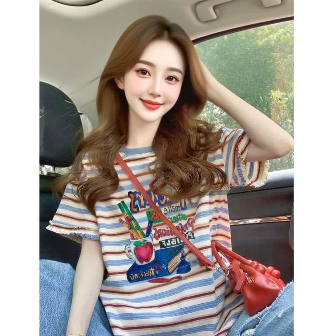임산부 스트라이프 반팔 프린트 학원 스타일 루즈핏 캐주얼 여성 티셔츠 여름 표지 고기 슬림해 보이는 디자인 센스 맨위 여성