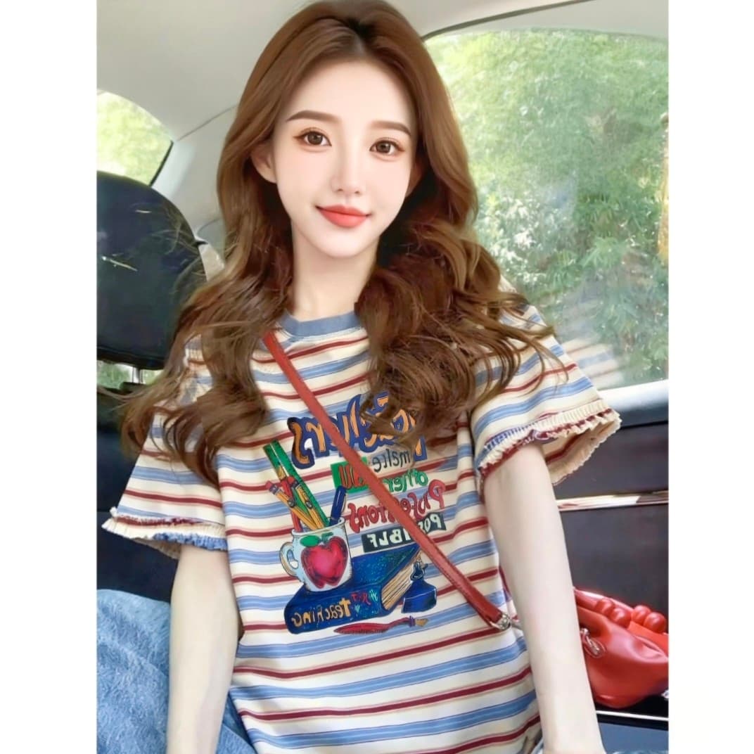 임산부 스트라이프 반팔 프린트 학원 스타일 루즈핏 캐주얼 여성 티셔츠 여름 표지 고기 슬림해 보이는 디자인 센스 맨위 여성 이미지 2