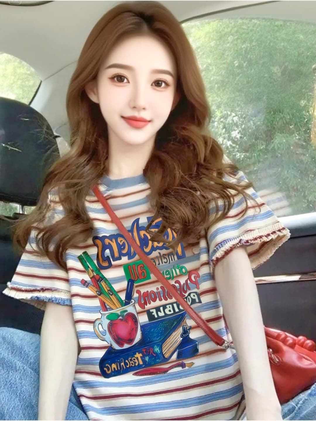 임산부 스트라이프 반팔 프린트 학원 스타일 루즈핏 캐주얼 여성 티셔츠 여름 표지 고기 슬림해 보이는 디자인 센스 맨위 여성 상세 이미지 1