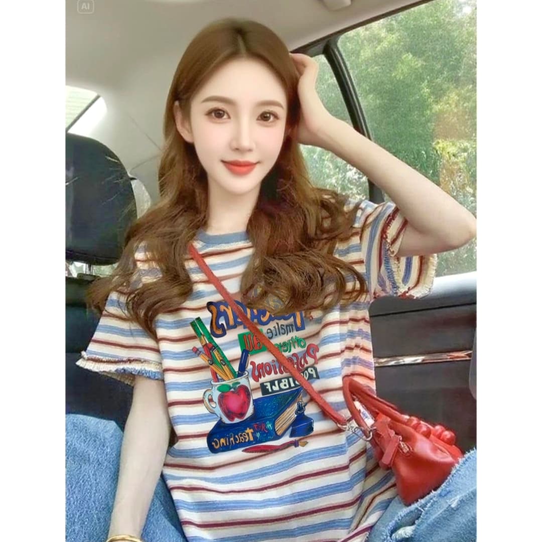 임산부 스트라이프 반팔 프린트 학원 스타일 루즈핏 캐주얼 여성 티셔츠 여름 표지 고기 슬림해 보이는 디자인 센스 맨위 여성 상세 이미지 2