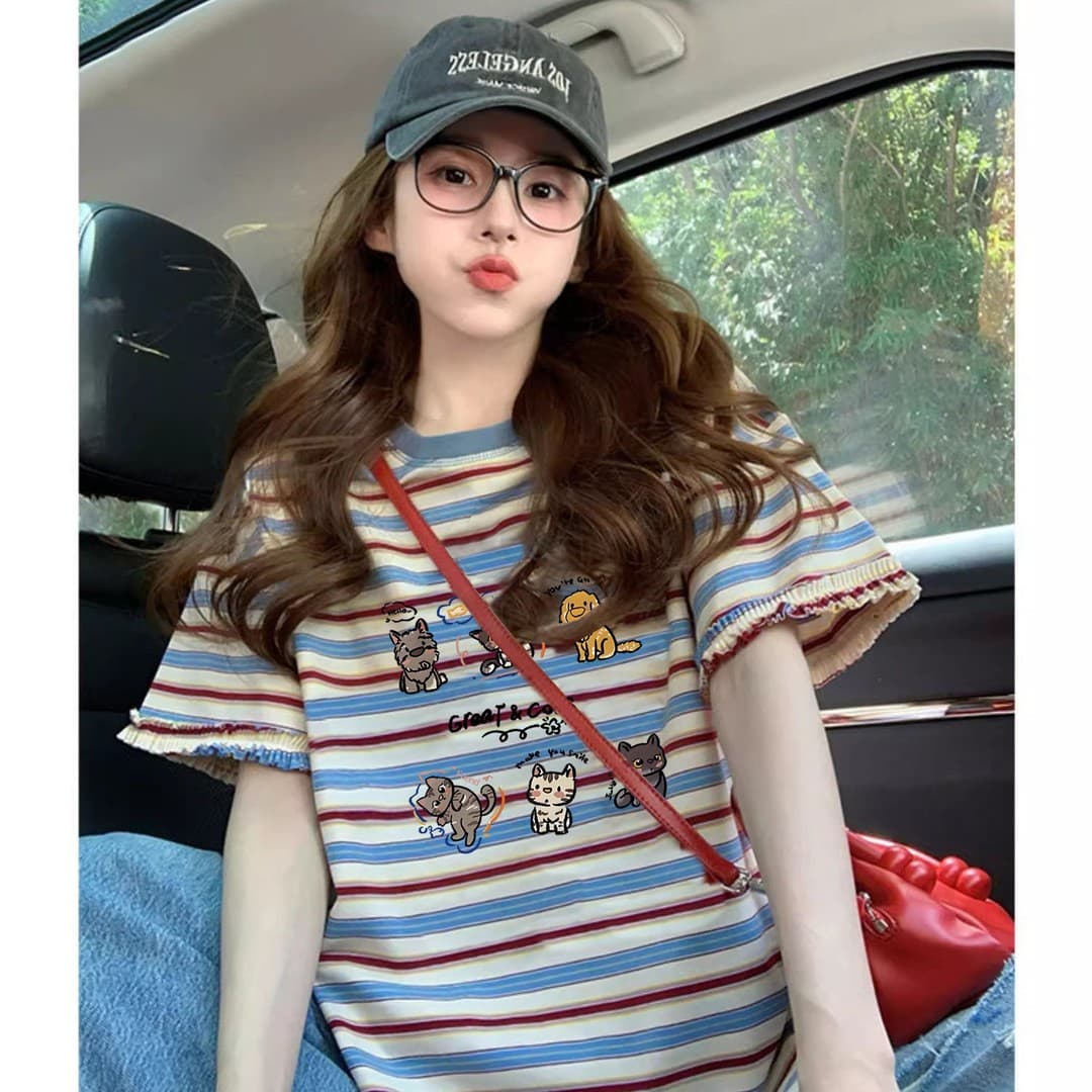 임산부 스트라이프 반팔 프린트 학원 스타일 루즈핏 캐주얼 여성 티셔츠 여름 표지 고기 슬림해 보이는 디자인 센스 맨위 여성
