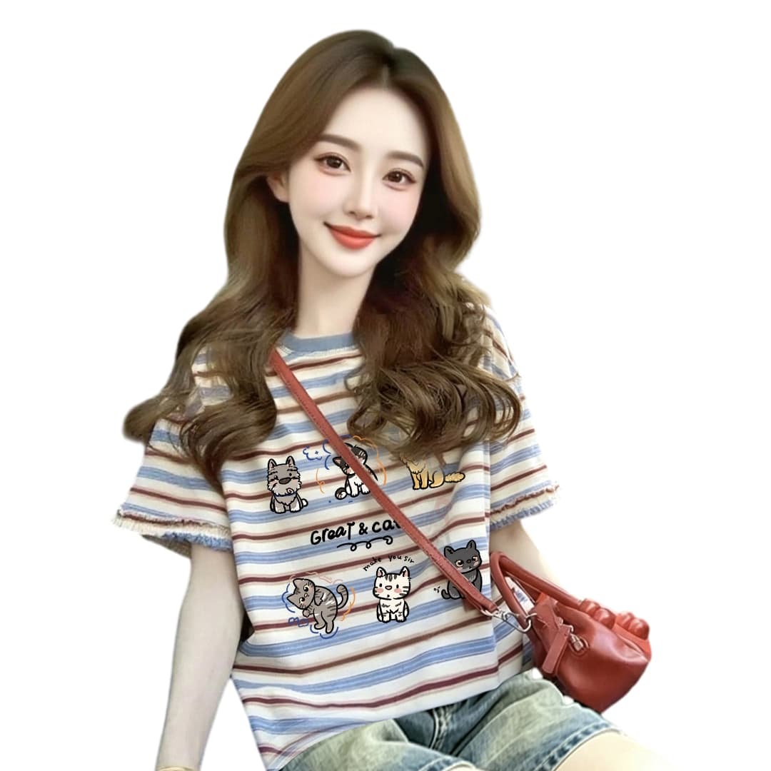 임산부 스트라이프 반팔 프린트 학원 스타일 루즈핏 캐주얼 여성 티셔츠 여름 표지 고기 슬림해 보이는 디자인 센스 맨위 여성 이미지 5