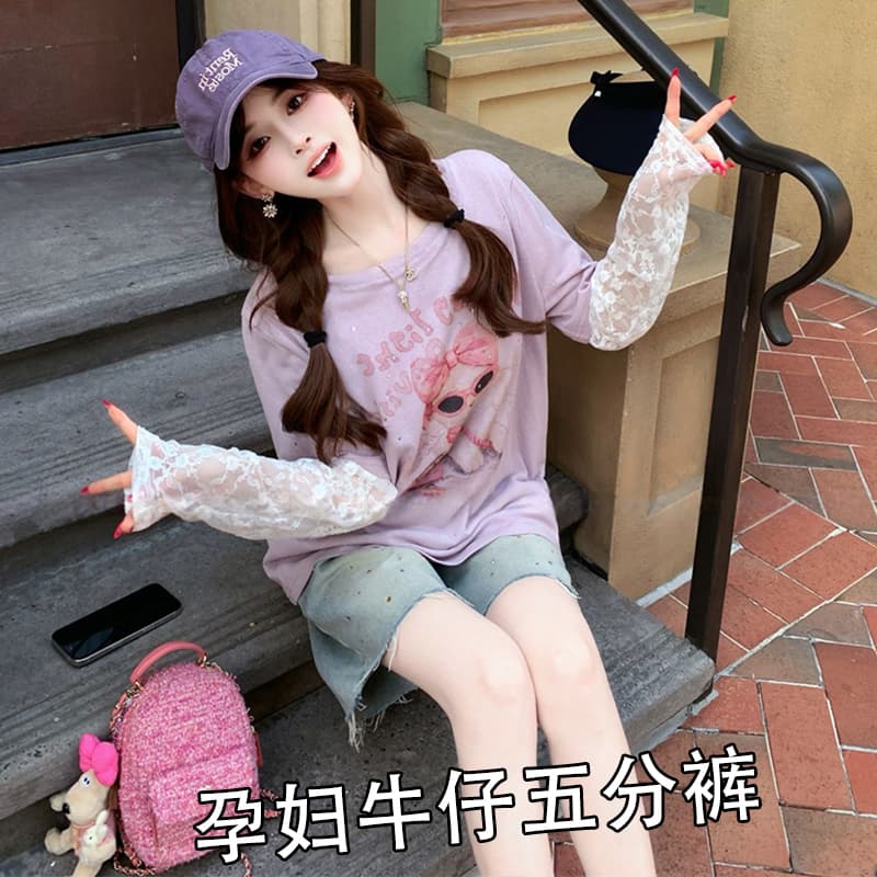 임산부 청바지 워싱 핫픽스 거친 가장자리 디자인 센스 여성 여름 5 점 루즈핏 슬림해 보이는 캐주얼 빅 사이즈 와이드 레그 팬츠 이미지 5