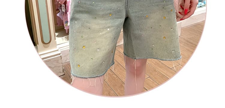 임산부 청바지 워싱 핫픽스 거친 가장자리 디자인 센스 여성 여름 5 점 루즈핏 슬림해 보이는 캐주얼 빅 사이즈 와이드 레그 팬츠 상세 이미지 6