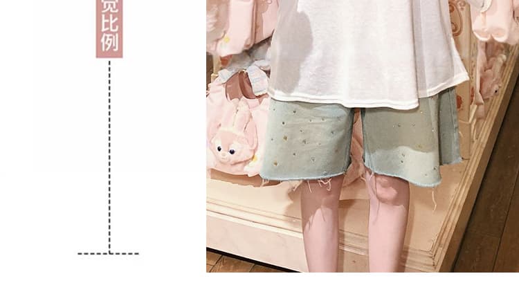 임산부 청바지 워싱 핫픽스 거친 가장자리 디자인 센스 여성 여름 5 점 루즈핏 슬림해 보이는 캐주얼 빅 사이즈 와이드 레그 팬츠 상세 이미지 12