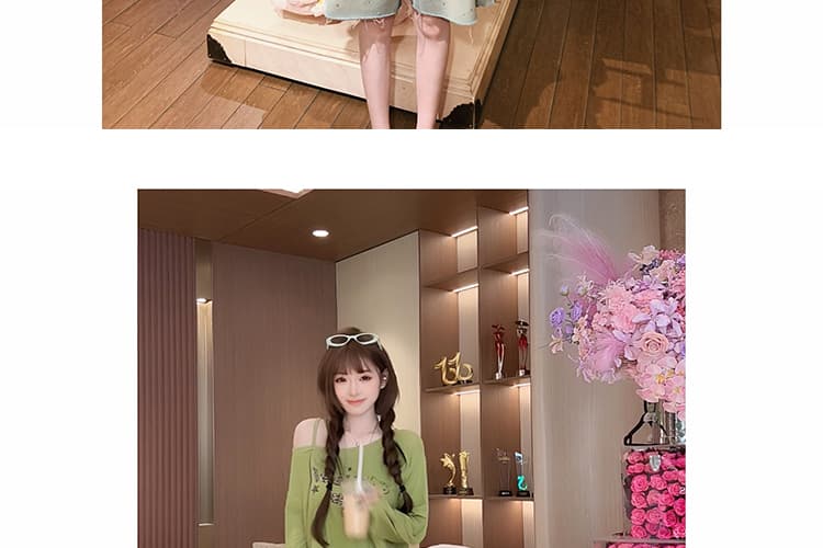 임산부 청바지 워싱 핫픽스 거친 가장자리 디자인 센스 여성 여름 5 점 루즈핏 슬림해 보이는 캐주얼 빅 사이즈 와이드 레그 팬츠 상세 이미지 29