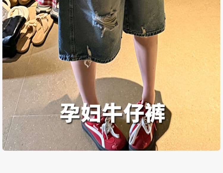 임산부 데님 반바지 여성 여름 얇은 스타일 외출용 찢어진 부분 5 점 루즈핏 슬림해 보이는 캐주얼 빅 사이즈 와이드 레그 팬츠 어린이 상세 이미지 3