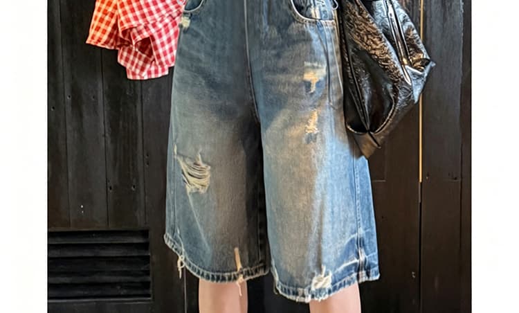 임산부 데님 반바지 여성 여름 얇은 스타일 외출용 찢어진 부분 5 점 루즈핏 슬림해 보이는 캐주얼 빅 사이즈 와이드 레그 팬츠 어린이 상세 이미지 36