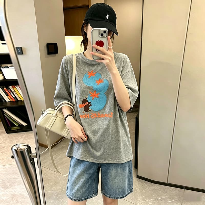 세트 회색 느긋한 바람 느슨함 패션 품격 디자인 프린트 티셔츠 맨위 수 있습니다. 조정 데님 오부 바지 이미지 3