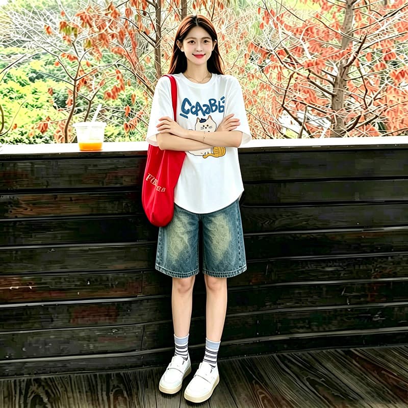 곡선 밑단 세트 화이트 느긋한 바람 느슨함 패션 프린트 티셔츠 맨위 수 있습니다. 조정 데님 오부 바지 이미지 3