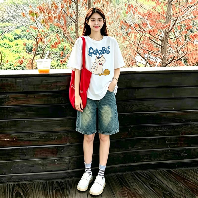 곡선 밑단 세트 화이트 느긋한 바람 느슨함 패션 프린트 티셔츠 맨위 수 있습니다. 조정 데님 오부 바지 이미지 4