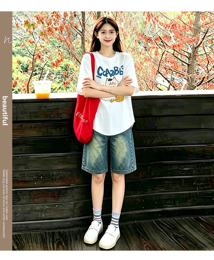 곡선 밑단 세트 화이트 느긋한 바람 느슨함 패션 프린트 티셔츠 맨위 수 있습니다. 조정 데님 오부 바지 상세 이미지 6