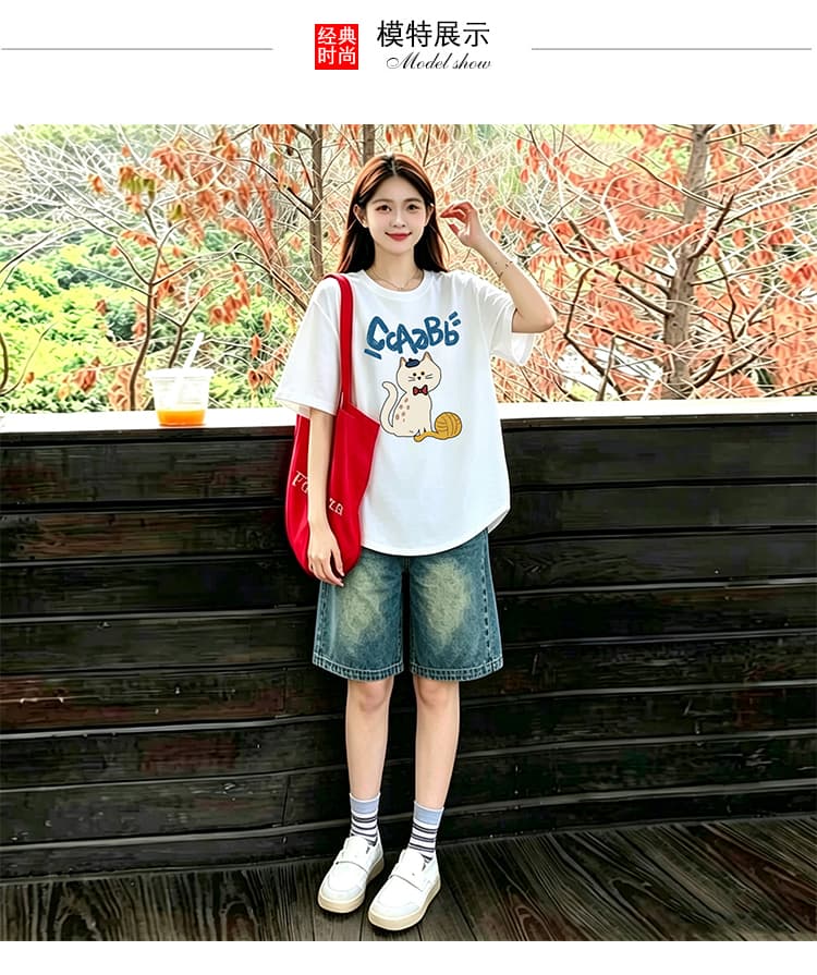 곡선 밑단 세트 화이트 느긋한 바람 느슨함 패션 프린트 티셔츠 맨위 수 있습니다. 조정 데님 오부 바지 상세 이미지 12