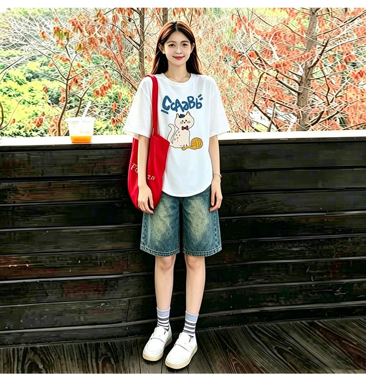곡선 밑단 세트 화이트 느긋한 바람 느슨함 패션 프린트 티셔츠 맨위 수 있습니다. 조정 데님 오부 바지 상세 이미지 13