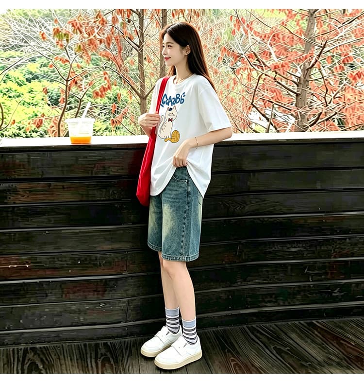 곡선 밑단 세트 화이트 느긋한 바람 느슨함 패션 프린트 티셔츠 맨위 수 있습니다. 조정 데님 오부 바지 상세 이미지 14