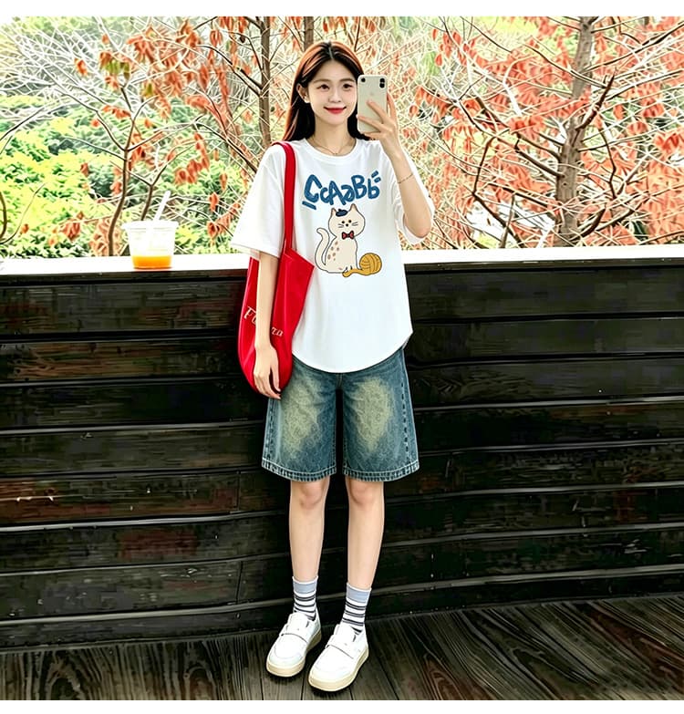 곡선 밑단 세트 화이트 느긋한 바람 느슨함 패션 프린트 티셔츠 맨위 수 있습니다. 조정 데님 오부 바지 상세 이미지 15