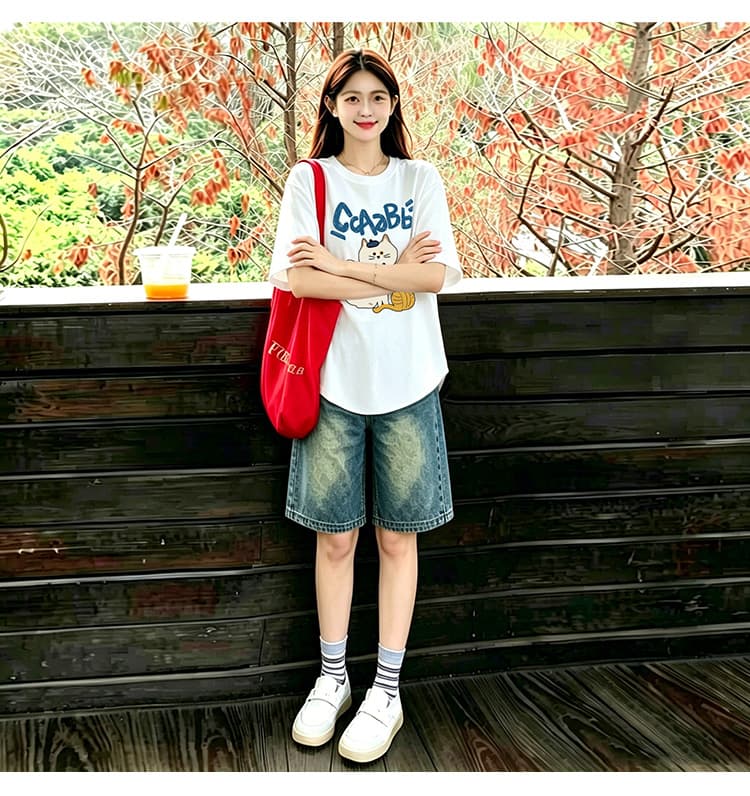 곡선 밑단 세트 화이트 느긋한 바람 느슨함 패션 프린트 티셔츠 맨위 수 있습니다. 조정 데님 오부 바지 상세 이미지 16
