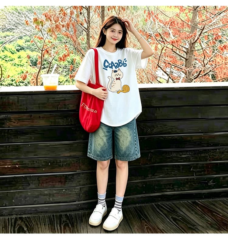 곡선 밑단 세트 화이트 느긋한 바람 느슨함 패션 프린트 티셔츠 맨위 수 있습니다. 조정 데님 오부 바지 상세 이미지 17
