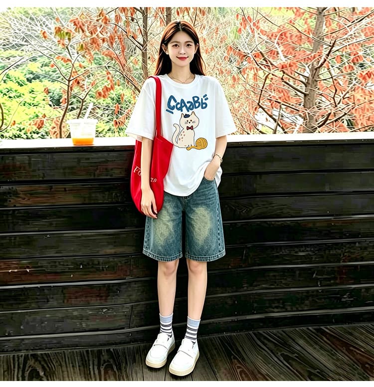 곡선 밑단 세트 화이트 느긋한 바람 느슨함 패션 프린트 티셔츠 맨위 수 있습니다. 조정 데님 오부 바지 상세 이미지 19