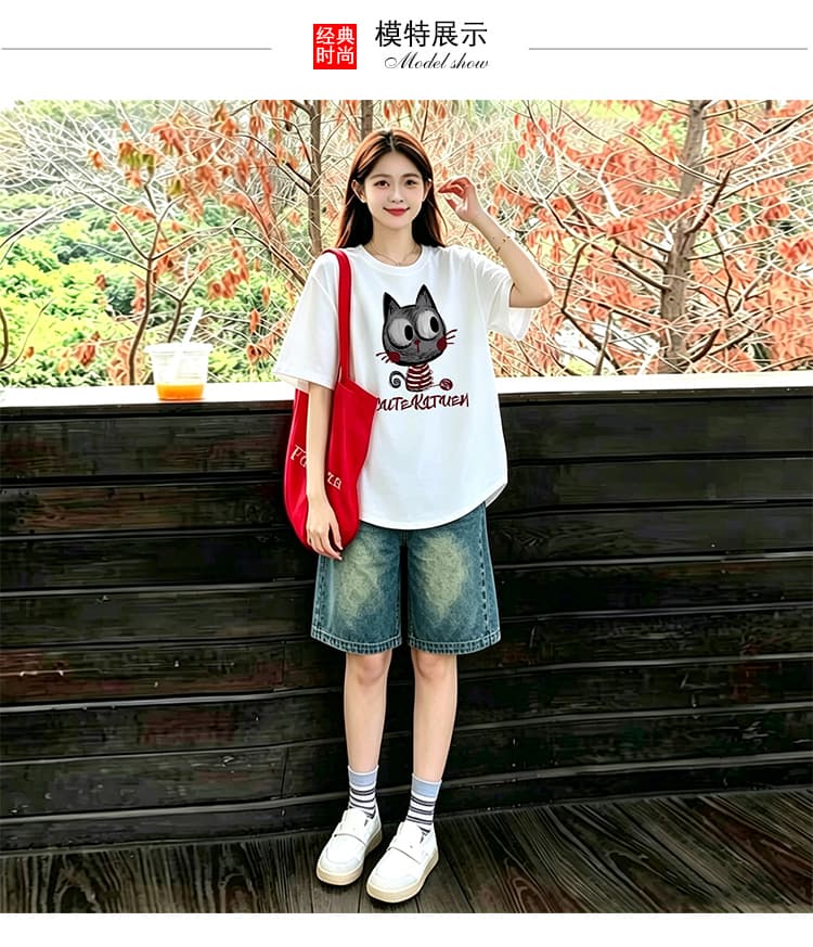 곡선 밑단 세트 화이트 느긋한 바람 느슨함 패션 프린트 티셔츠 맨위 수 있습니다. 조정 데님 오부 바지 상세 이미지 10