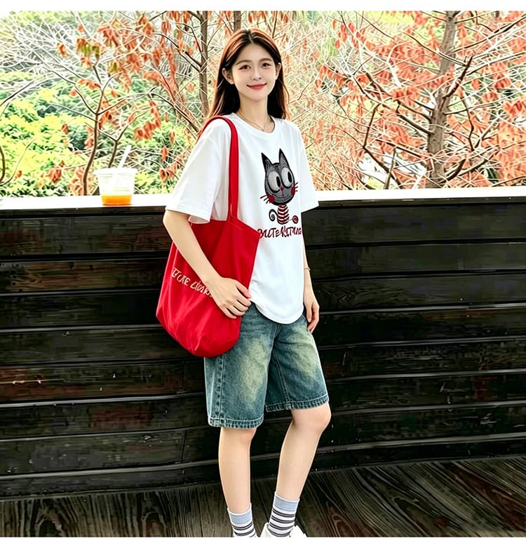 곡선 밑단 세트 화이트 느긋한 바람 느슨함 패션 프린트 티셔츠 맨위 수 있습니다. 조정 데님 오부 바지 상세 이미지 11
