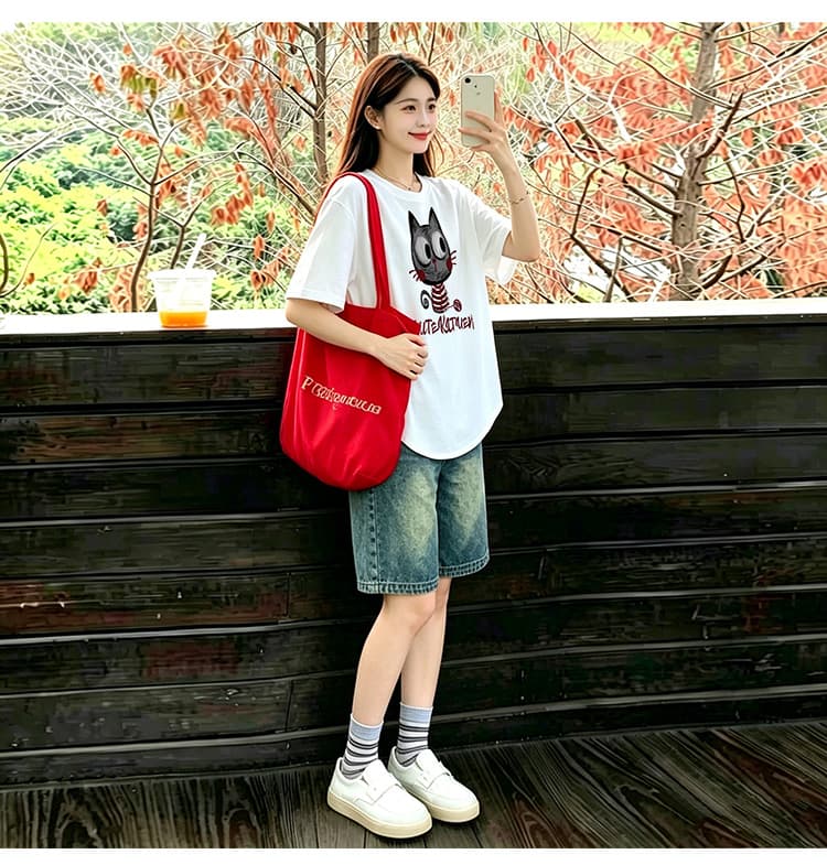 곡선 밑단 세트 화이트 느긋한 바람 느슨함 패션 프린트 티셔츠 맨위 수 있습니다. 조정 데님 오부 바지 상세 이미지 16