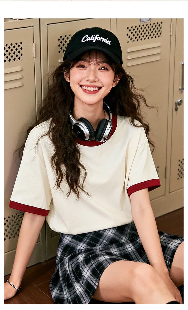 배색 출산 착용 만화 쌀 살구 색상 여름 드레스 새로운 라운드 넥 반팔 티셔츠 한국 스타일 루즈핏 임신 엄마 캐주얼 맨위 상세 이미지 4