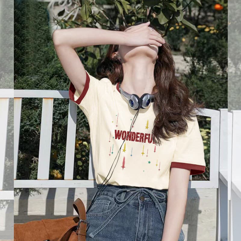 배색 출산 착용 만화 쌀 살구 색상 여름 드레스 새로운 라운드 넥 반팔 티셔츠 한국 스타일 루즈핏 임신 엄마 캐주얼 맨위