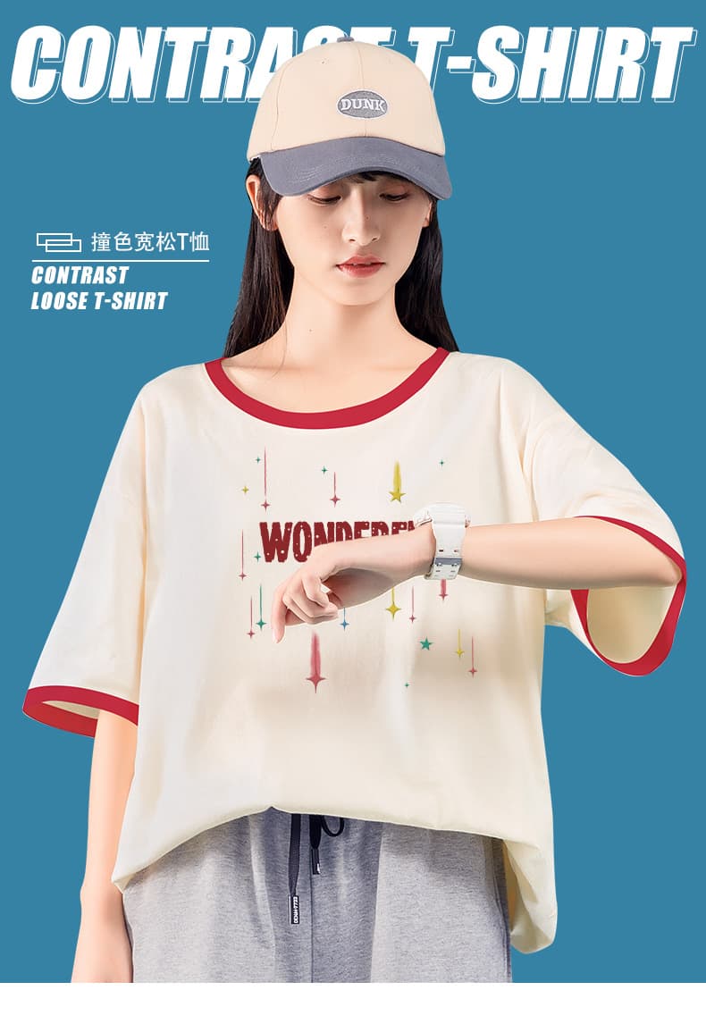 배색 출산 착용 만화 쌀 살구 색상 여름 드레스 새로운 라운드 넥 반팔 티셔츠 한국 스타일 루즈핏 임신 엄마 캐주얼 맨위 상세 이미지 1