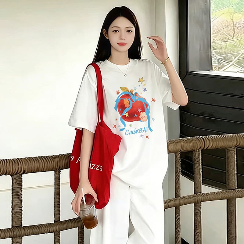 출산 착용 만화 화이트 여름 드레스 새로운 라운드 넥 반팔 티셔츠 한국 스타일 루즈핏 임신 엄마 캐주얼 맨위 상세 이미지 1