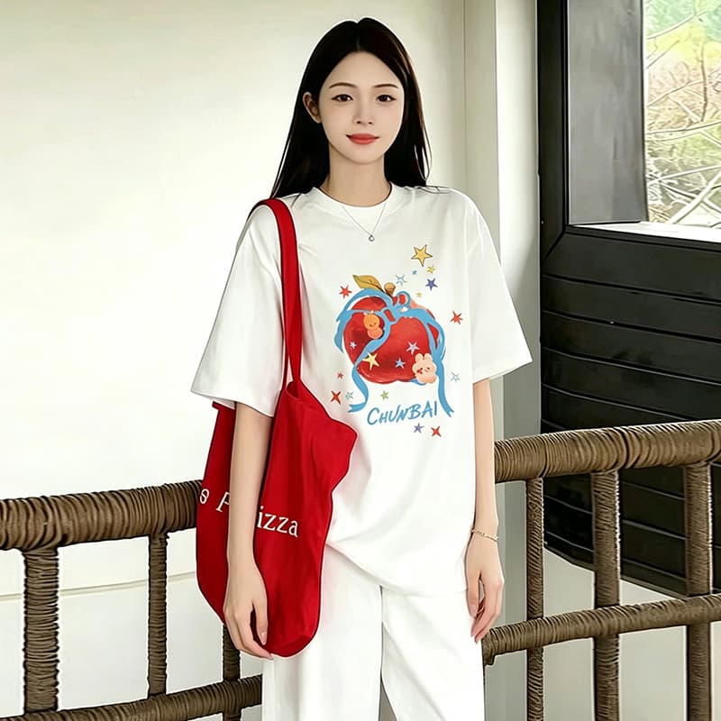 출산 착용 만화 화이트 여름 드레스 새로운 라운드 넥 반팔 티셔츠 한국 스타일 루즈핏 임신 엄마 캐주얼 맨위 상세 이미지 2