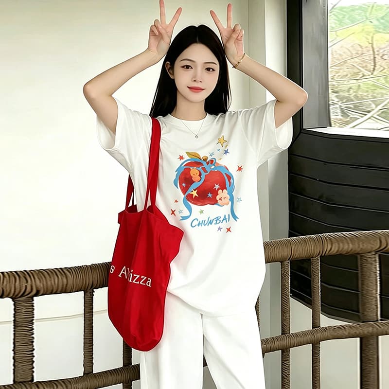 출산 착용 만화 화이트 여름 드레스 새로운 라운드 넥 반팔 티셔츠 한국 스타일 루즈핏 임신 엄마 캐주얼 맨위 상세 이미지 3