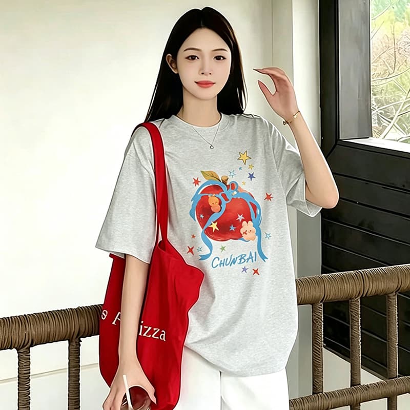출산 착용 만화 화이트 여름 드레스 새로운 라운드 넥 반팔 티셔츠 한국 스타일 루즈핏 임신 엄마 캐주얼 맨위 상세 이미지 4