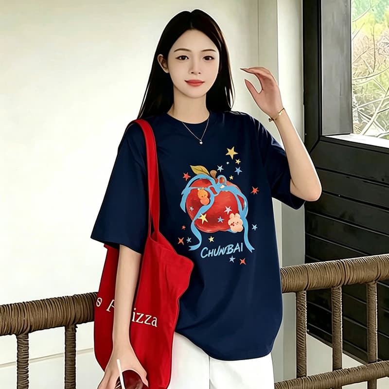 출산 착용 만화 화이트 여름 드레스 새로운 라운드 넥 반팔 티셔츠 한국 스타일 루즈핏 임신 엄마 캐주얼 맨위 상세 이미지 5