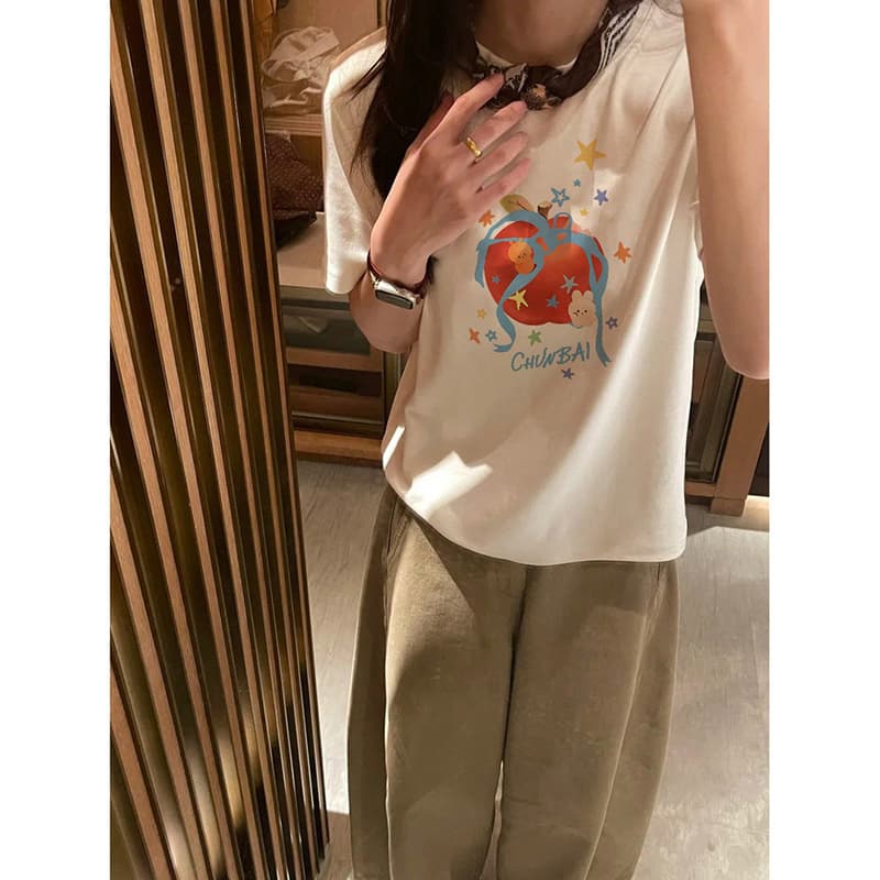 출산 착용 만화 화이트 여름 드레스 새로운 라운드 넥 반팔 티셔츠 한국 스타일 루즈핏 임신 엄마 캐주얼 맨위 이미지 3