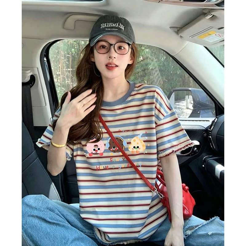 출산 착용 스트라이프 파란색 여름 드레스 새로운 라운드 넥 반팔 티셔츠 한국 스타일 루즈핏 패션 임신 엄마 맨위 이미지 2