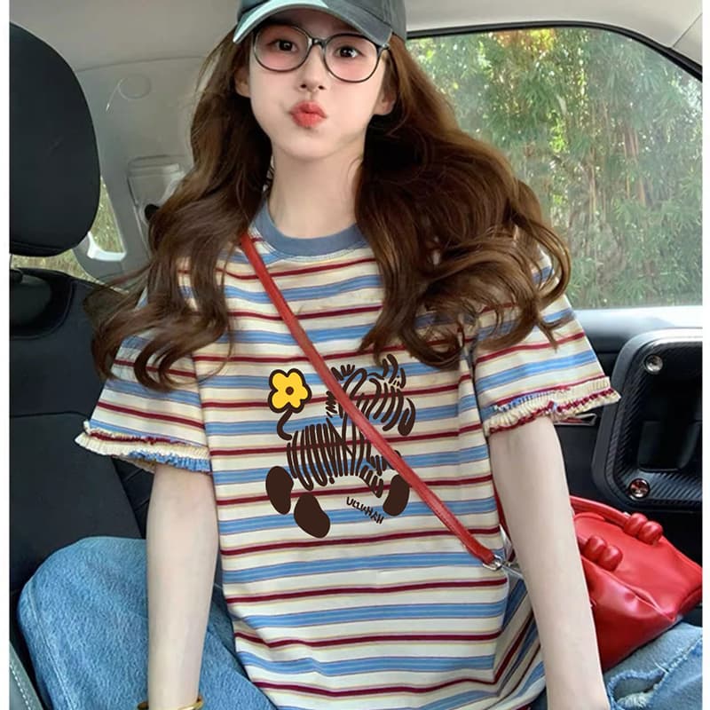 출산 착용 얼룩말 스트라이프 파란색 여름 드레스 새로운 라운드 넥 반팔 티셔츠 한국 스타일 루즈핏 패션 임신 엄마 맨위