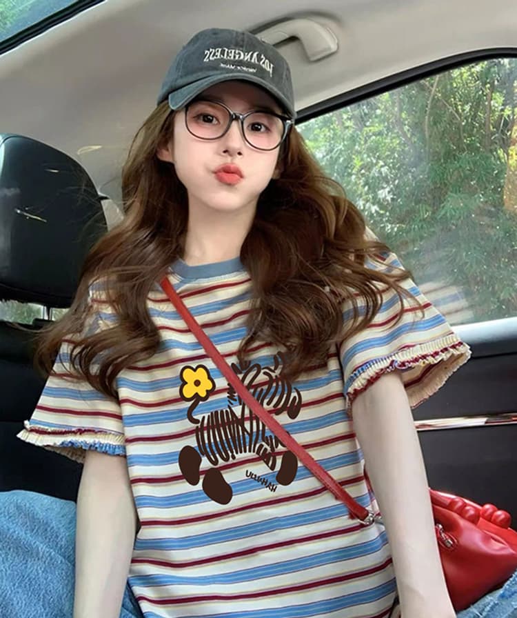 출산 착용 얼룩말 스트라이프 파란색 여름 드레스 새로운 라운드 넥 반팔 티셔츠 한국 스타일 루즈핏 패션 임신 엄마 맨위 상세 이미지 3