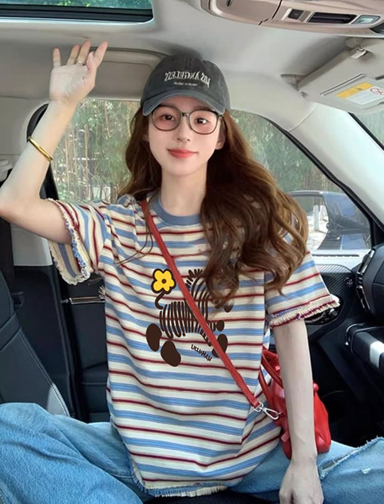 출산 착용 얼룩말 스트라이프 파란색 여름 드레스 새로운 라운드 넥 반팔 티셔츠 한국 스타일 루즈핏 패션 임신 엄마 맨위 상세 이미지 4