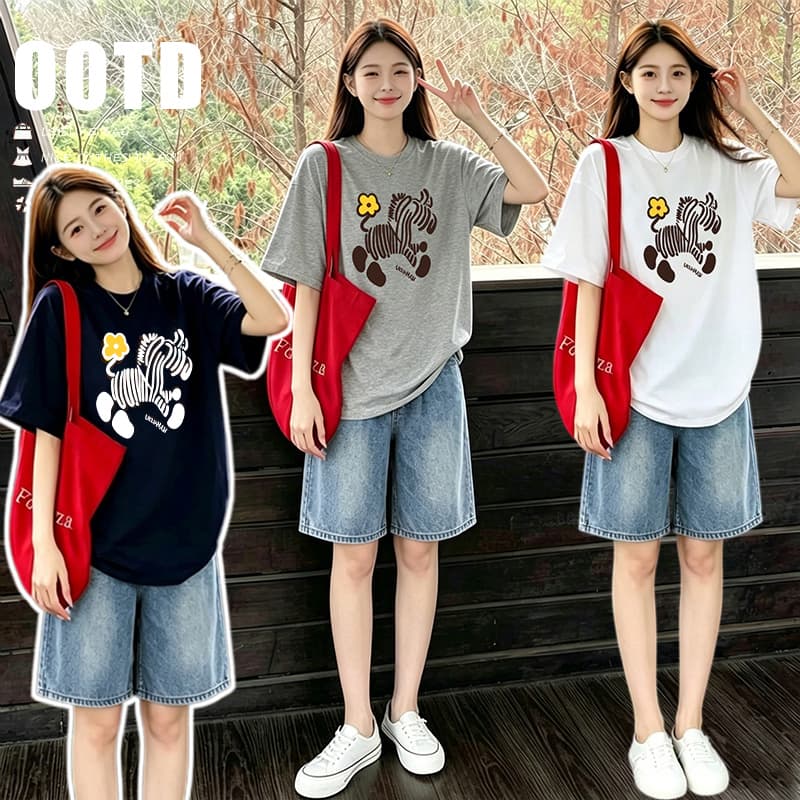 회색 느긋한 바람 느슨함 패션 품격 디자인 센스 프린트 티셔츠 맨위 수 있습니다. 조정 데님 오부 바지 이미지 2