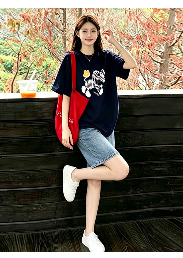 회색 느긋한 바람 느슨함 패션 품격 디자인 센스 프린트 티셔츠 맨위 수 있습니다. 조정 데님 오부 바지 상세 이미지 16