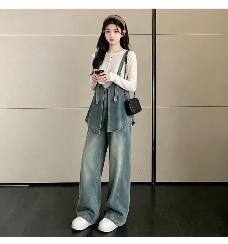 실사 2026 가을 겨울철 임산부 멜빵 바지 세트 새로운 패션 외국 가스 데님 와이드 레그 팬츠 연령 감소 투피스 세트 상세 이미지 13