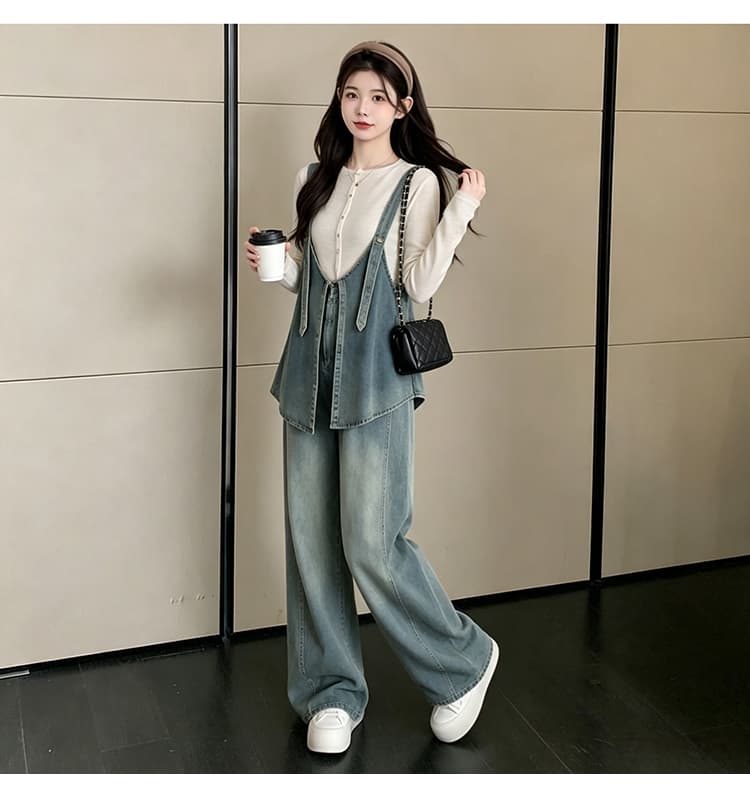 실사 2026 가을 겨울철 임산부 멜빵 바지 세트 새로운 패션 외국 가스 데님 와이드 레그 팬츠 연령 감소 투피스 세트 상세 이미지 18