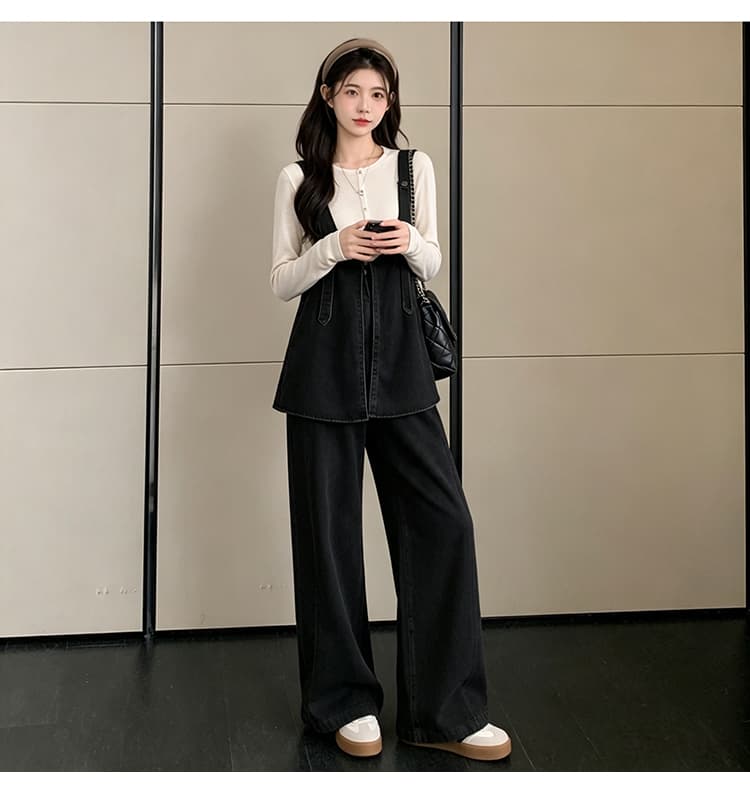 실사 2026 가을 겨울철 임산부 멜빵 바지 세트 새로운 패션 외국 가스 데님 와이드 레그 팬츠 연령 감소 투피스 세트 상세 이미지 21