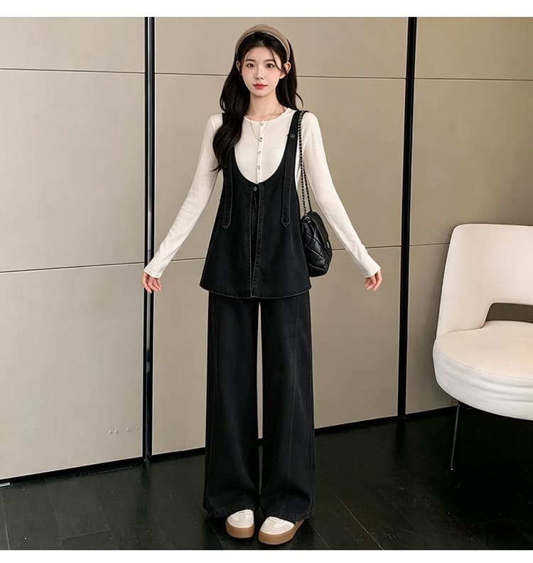 실사 2026 가을 겨울철 임산부 멜빵 바지 세트 새로운 패션 외국 가스 데님 와이드 레그 팬츠 연령 감소 투피스 세트 상세 이미지 22