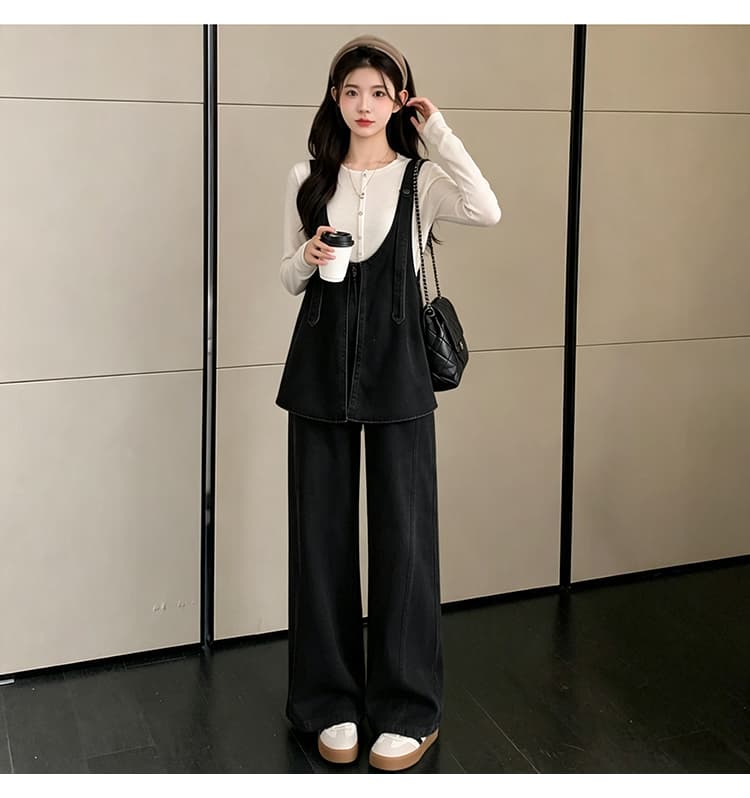 실사 2026 가을 겨울철 임산부 멜빵 바지 세트 새로운 패션 외국 가스 데님 와이드 레그 팬츠 연령 감소 투피스 세트 상세 이미지 24